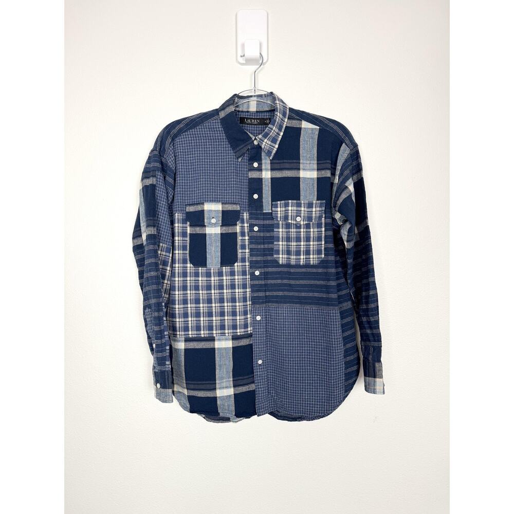 Ralph Lauren Plaid Patchwork Shirt Womens M Blue Long Sleeve Button Up - Picture 3 of 9